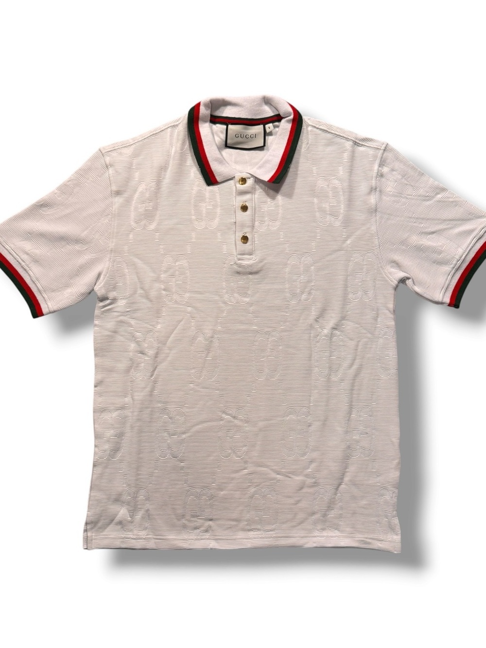 Gucci Men’s Small White GG Monogram Polo Shirt with Signature Stripe Collar